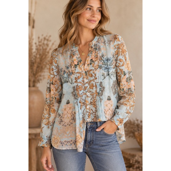 Soft Surroundings Tops - Soft Surroundings Blue Gold Baroque Floral Pintuck Blouse size Small boho